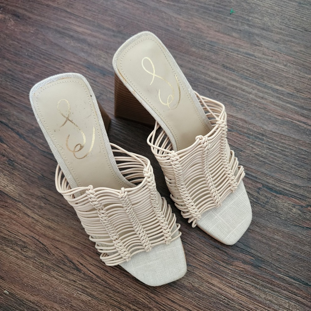 Sam Edelman Laurette Macrame Block Heel Sandals Beige Cream Square Toe Mule 5.5M - Picture 3 of 7
